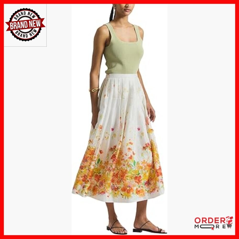 Organza Pleated Maxi Skirt, Lightweight Sheer Floral Print, Mid Rise